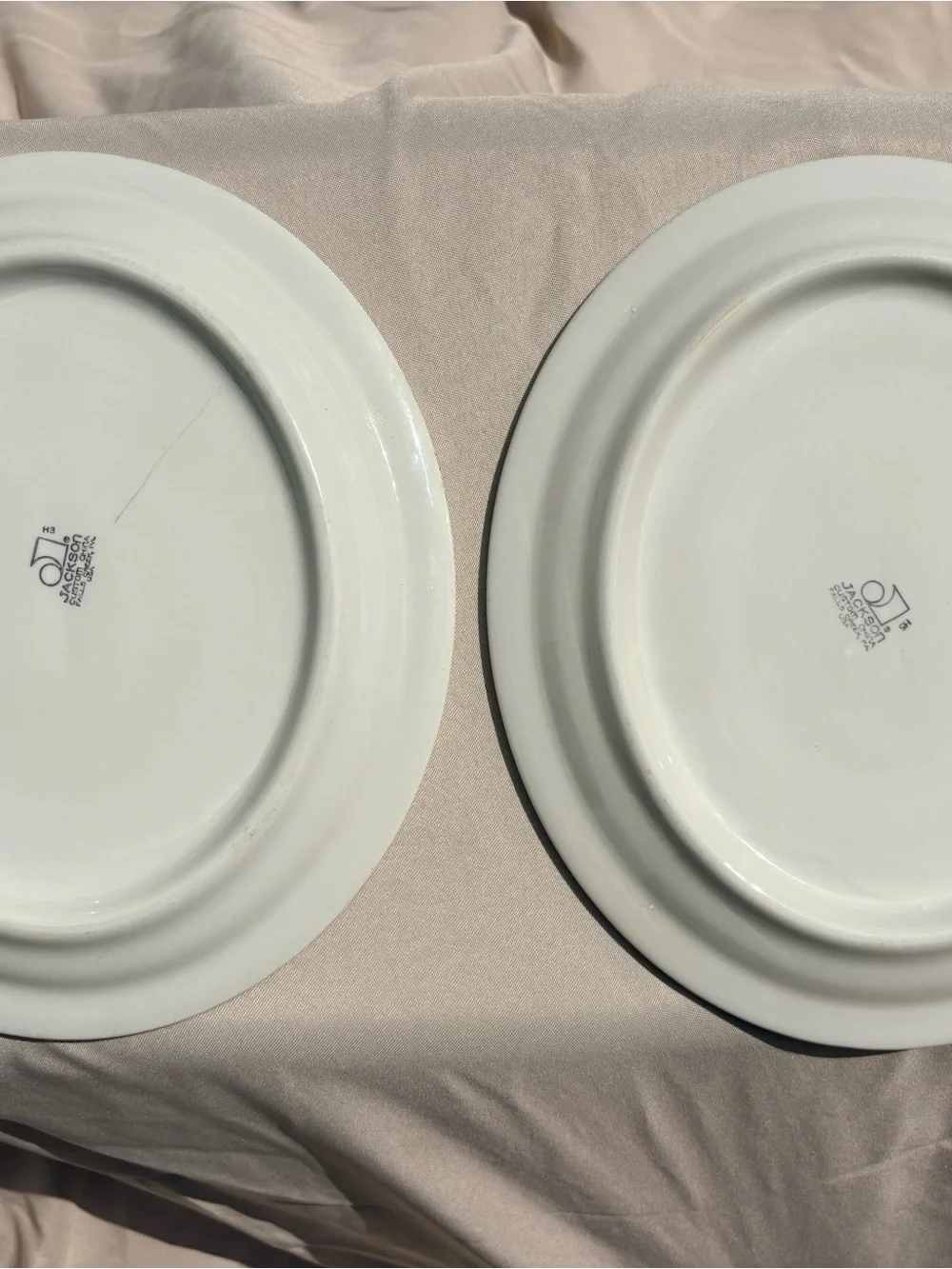 Vintage Jackson Custom China Set of 2 Oval Platters Burgundy Stripe Diamond Rim